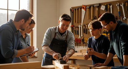 A skilled carpenter in an apron demonstrates how to use a hand plane on a piece of wood to an engaged group of students, including adults and a young boy. The scene takes place in a well-equipped workshop, symbolizing mentorship, learning a craft, and hands-on skills.の素材