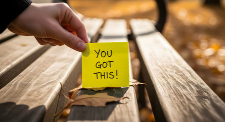 A hand places a yellow sticky note with the encouraging message 'You Got This!' on a wooden park bench in the autumn sunshine. The image is a warm and simple representation of motivation, support, positivity, and self-confidence.の素材