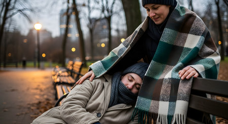 A compassionate woman gently drapes a warm, plaid blanket over a person sleeping on a park bench during a cold day. This act of kindness illustrates charity, empathy, and helping the homeless or those in need.の素材