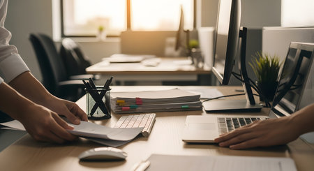 Two colleagues are working together at a modern office desk, handling documents and using laptops. The scene is illuminated by warm sunlight, suggesting a productive and collaborative work environment focused on tasks like accounting or data analysis.の素材