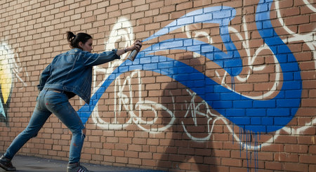 A young woman dressed in denim creates a piece of graffiti art, spraying a bold blue line from an aerosol can onto a brick wall. This action shot captures the energy and expression of urban street art culture.の素材