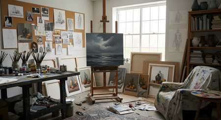 An authentic, working artist's studio is filled with creative clutter, including canvases, paints, brushes, and a corkboard full of sketches. A moody seascape painting is prominently displayed on an easel, capturing the essence of the artistic process and a dedicated creative space.の素材