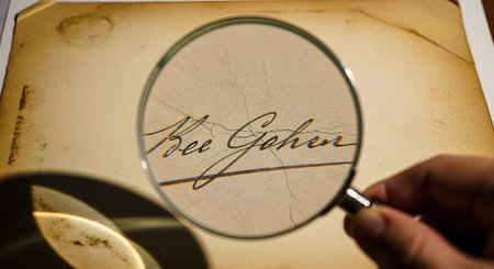 A hand holds a magnifying glass over an elegant cursive signature on a piece of old, yellowed, and cracked parchment. The magnification reveals the fine details and texture of the ink and paper. This image symbolizes investigation, historical research, document analysis, and the verification of authenticity.の素材