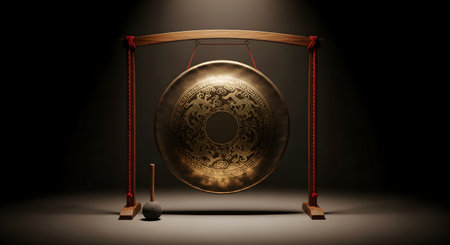A large, traditional Chinese or East Asian gong with ornate dragon engravings is elegantly suspended in a wooden frame, dramatically lit by a single spotlight. A mallet rests nearby, ready to be struck, symbolizing concepts of announcement, meditation, or ceremony.の素材
