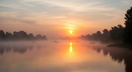 A tranquil and misty sunrise casts a warm, golden glow over a perfectly calm lake. The orange sun is reflected on the water's surface, and the silhouettes of small fishing boats are scattered through the gentle mist, creating a peaceful and serene morning scene.の素材