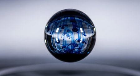 An abstract macro photo shows tendrils of blue ink diffusing through clear liquid inside a glass sphere against a neutral background. The captivating patterns create a sense of wonder, representing concepts like creativity, science, fluid dynamics, and the universe.の素材