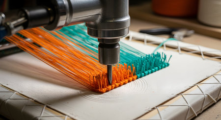 A close-up shot of an automated tufting gun or embroidery machine punching vibrant orange and teal yarn into a stretched canvas. The machine's needle rapidly creates a dense, textured pattern, showcasing the modern process of textile and rug manufacturing.の素材