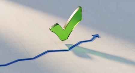 A 3D rendered graphic symbolizing success and positive growth. A glossy green checkmark hovers over a blue line graph that charts an upward trajectory on a grid paper background. The image represents achievement, approval, successful strategy, and positive financial or performance results.の素材