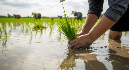 A farmer's hands are shown planting young rice seedlings in a flooded paddy field, with other farmers working in the background under a bright sky. This image represents traditional agriculture, hard work, and the rural way of life in Asia.の素材