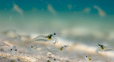 An underwater macro photograph captures a group of small, almost transparent shrimp on a sandy seabed. The delicate creatures are seen against a blue-green water background, illustrating marine life, aquatic ecosystems, and the intricate beauty of the underwater world.の素材