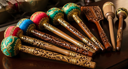 A collection of traditional Indonesian gamelan mallets, known as 'tabuh,' are arranged on a dark wooden table. The mallets feature intricately carved wooden handles and colorful, fabric-covered heads, showcasing traditional craftsmanship and musical culture.の素材