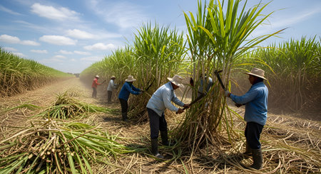 A group of agricultural laborers manually harvesting tall sugarcane in a vast plantation under a blue sky. The workers, wearing hats for sun protection, are using machetes to cut the stalks, illustrating the labor-intensive process of sugar production.の素材