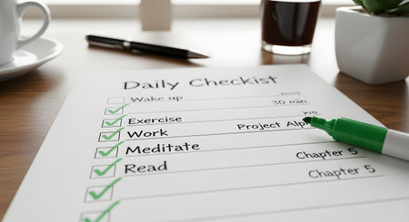 A close-up shot of a daily checklist on a wooden desk with several tasks like exercise, work, meditate, and read marked as complete with green checkmarks. A green highlighter rests on the paper, signifying productivity and accomplishment. The scene suggests a focus on self-discipline, routine, and personal growth.の素材