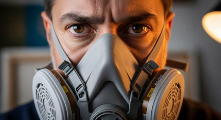 An intense close-up portrait of a man looking directly at the camera, his face partially covered by a dual-cartridge respirator mask. His serious expression and focused eyes suggest themes of safety, protection, hazardous work, or environmental concerns.の素材