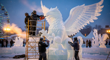 Several artists on scaffolding work together to create a massive, detailed ice sculpture of a griffin at a winter festival. Using tools like chainsaws, they carve the frozen masterpiece as snow falls, with festival lights and a Ferris wheel visible in the background.の素材