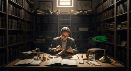 A scholar or historian sits at a wooden desk in a dimly lit, traditional library, surrounded by towering bookshelves filled with old books. They are intently examining an artifact with a tool, suggesting research, history, knowledge, and academic pursuit.の素材