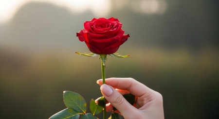 A woman's hand with manicured nails gently holds the stem of a single, perfect red rose. The flower is in full bloom against a softly blurred, warm-toned background, suggesting a sunrise or sunset. This image evokes feelings of love, romance, beauty, and affection.の素材