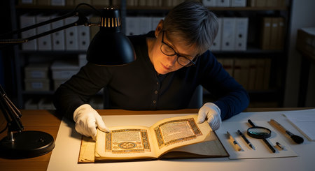 A female archivist or historian wearing white gloves carefully examines an ancient, illuminated manuscript under a desk lamp. The setting is a library or archive, and her tools, including a magnifying glass, suggest meticulous research and preservation of historical documents.の素材