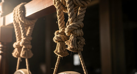A detailed close-up shot of thick, coarse ropes tied in sturdy knots around a wooden beam. The warm backlighting highlights the texture and fibers of the rope, creating a rustic and nautical feel. The image symbolizes strength, connection, and reliability.の素材