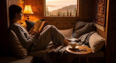 A woman relaxes in a cozy wooden nook, reading a book while enjoying a hot cup of tea. She is comfortably nestled among pillows and a warm blanket, looking out a window at a serene mountain landscape at sunset. This scene evokes feelings of comfort, tranquility, and hygge.の素材