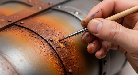 A close-up shot of an artist's hand delicately painting a realistic rust effect onto a curved, metallic model. Using a fine-tipped brush, the artist applies textured orange and brown paint to simulate weathering and corrosion, showcasing a detailed crafting technique.の素材