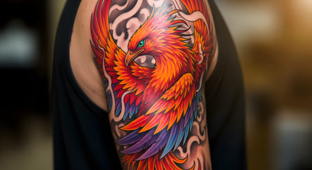 A close-up shot of a vibrant and detailed phoenix tattoo on a person's shoulder and upper arm. The mythical bird is depicted with fiery red, orange, and yellow feathers, along with purple and blue accents, symbolizing rebirth and resilience. The background of the tattoo features stylized grey clouds or smoke.の素材
