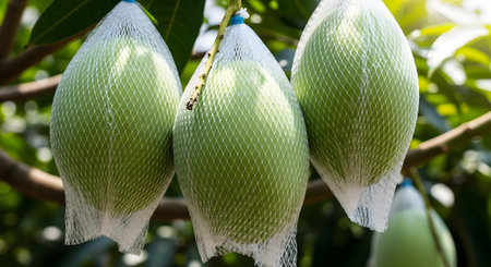 A close-up of three unripe green mangoes hanging from a tree, each carefully covered with a white foam fruit net. This protective wrap is used in agriculture to shield the fruit from pests and physical damage, ensuring a quality harvest.の素材