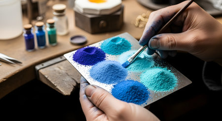 An artist's hands hold a small metal palette with several mounds of powdered pigments in various shades of blue and turquoise. A brush is being used to mix the powders, suggesting the preparation of paint or enamel for an art project in a workshop setting.の素材