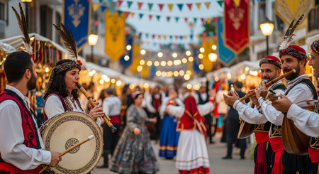 A vibrant street festival is in full swing with people dressed in colorful, traditional folk costumes. Musicians play flutes and a large drum while others dance in the background, creating a lively atmosphere that celebrates culture, heritage, and community.の素材