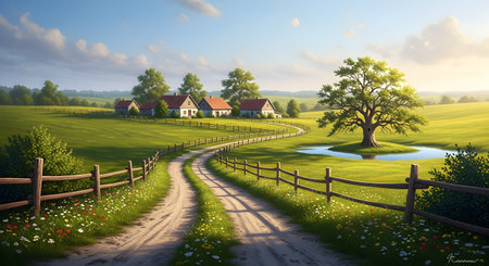 A beautiful digital painting of a serene countryside landscape at sunset. A winding dirt road leads past a wooden fence and wildflowers towards a small cluster of farmhouses, with a large oak tree next to a small pond on a lush green hill.の素材
