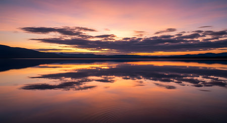 A breathtaking landscape of a perfectly still lake reflecting the vibrant colors of a sunset. The sky is painted with shades of purple, pink, and orange, with dark clouds mirroring in the water. Distant mountains form a silhouette on the horizon, creating a scene of tranquility and natural beauty.の素材