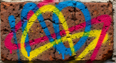 A macro shot of a red brick with a peace symbol spray-painted on its textured surface. The graffiti uses vibrant colors of cyan, magenta, and yellow, with paint drips adding to the urban, street art aesthetic.の素材