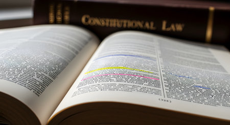 A close-up shot of an open law book with highlighted text, with another book titled 'Constitutional Law' visible in the background. This image represents legal studies, justice, education, research, and the rule of law.の素材