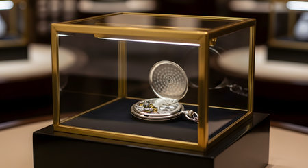An exquisite antique pocket watch with its inner mechanism exposed is elegantly presented inside a modern glass and brass display case. The watch is spotlit from above, emphasizing its intricate gears and craftsmanship, representing luxury, history, horology, and the value of time.の素材