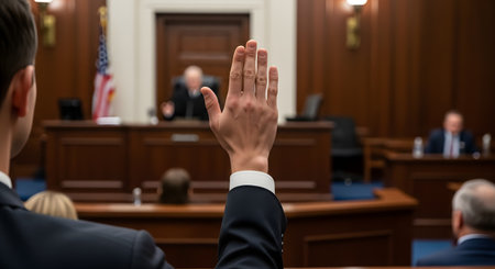 A person in a suit raises their right hand to take an oath in a formal, wood-paneled courtroom. The focus is on the hand, with the judge and the American flag visible in the blurred background, symbolizing justice, testimony, law, and the legal process.の素材