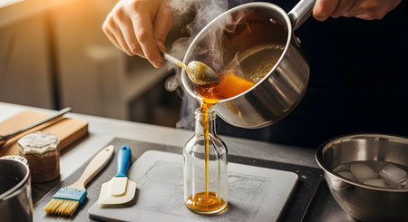 A chef carefully pours a hot, steaming amber liquid, likely caramel or syrup, from a stainless steel saucepan into a small glass bottle. The process takes place in a professional kitchen, highlighting the culinary arts, confectionery, and precision in cooking.の素材