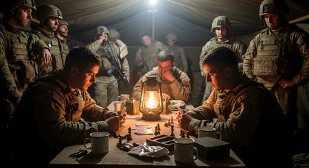 In a dimly lit military field tent, a group of soldiers in combat gear gathers around a wooden table. Two soldiers are intensely focused on a game of cards and chess, illuminated by the warm glow of a single lantern, showing a moment of respite and camaraderie during deployment.の素材
