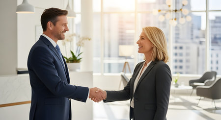 A smiling businessman and businesswoman in formal suits shake hands in a modern, sunlit office lobby. The professional setting and positive interaction suggest a successful agreement, partnership, or business deal.の素材