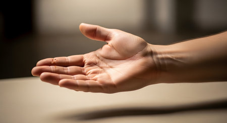 A close-up of an open human palm with a small, reddish wound or mark in the center, dramatically lit. The image can represent concepts of stigmata, sacrifice, vulnerability, injury, or offering.の素材
