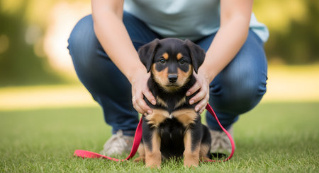 An adorable black and tan puppy, possibly a Rottweiler mix, sits attentively on a lush green lawn. A person's hands are gently holding the puppy, which is looking directly at the camera with a curious expression, conveying themes of pet ownership, care, and friendship.の素材