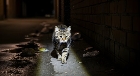 A stray tabby cat walks confidently towards the camera down a dark, wet alley at night, its eyes fixed forward. The scene is dramatically lit by a single light source, creating long shadows and a mysterious, gritty urban atmosphere.の素材