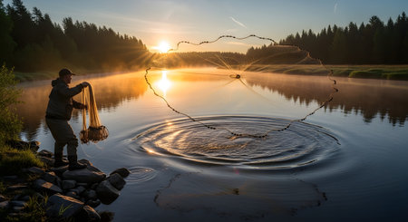 A lone fisherman stands on the shore of a tranquil lake at sunrise, skillfully casting a large, circular throw net into the water. The golden morning sun creates a stunning reflection on the misty water's surface, outlining the fisherman's silhouette and the perfectly spread net. This serene image captures a traditional fishing method, patience, and the beauty of nature at dawn.の素材