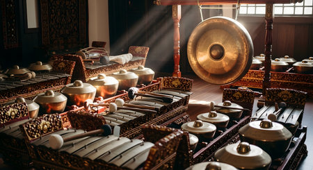 A traditional Indonesian Gamelan orchestra set, featuring bronze gongs, metallophones, and drums, is beautifully arranged in a room. A dramatic sunbeam illuminates the instruments, highlighting their intricate carvings and polished surfaces. This image captures the rich musical culture and heritage of Indonesia.の素材
