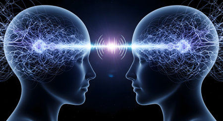 A conceptual image depicting two human heads facing each other, connected by a wave of energy and neural networks between their foreheads. This represents concepts like telepathy, empathy, shared consciousness, communication, and artificial intelligence.の素材