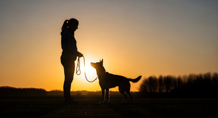 The silhouette of a woman and her dog stand facing each other in a field against a beautiful, golden sunset. This poignant image captures the strong bond, friendship, and connection between a person and their pet.の素材