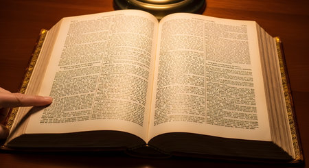 A person is deeply engaged in reading or studying a large, antique leather-bound book, possibly a Bible, which is open on a wooden desk. A warm lamplight illuminates the dense text on the aged pages, and a finger points to a specific passage. The scene evokes a sense of historical research, religious study, wisdom, and quiet contemplation.の素材
