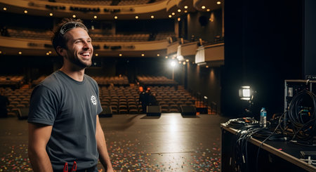 A smiling stagehand or event technician stands on a theater stage littered with confetti, looking content after a successful show. In the background, the empty auditorium seats are visible, capturing a behind-the-scenes moment of satisfaction and the hard work of live event production.の素材
