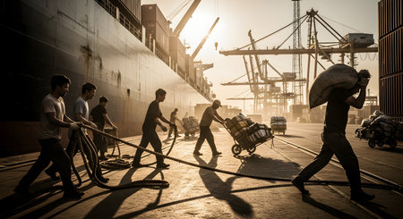 Dockworkers are busy loading a large cargo ship at a bustling port, silhouetted against the rising sun. Men are pulling thick ropes and moving goods, with large cranes in the background, depicting global trade and manual labor.の素材