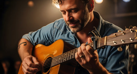 A handsome, middle-aged male musician with a beard emotionally plays an acoustic guitar in a warmly lit setting. He wears a denim shirt and is focused on his fingerpicking, with a capo attached to the guitar. The image conveys passion for music, songwriting, performance, and the artistry of a guitarist.の素材