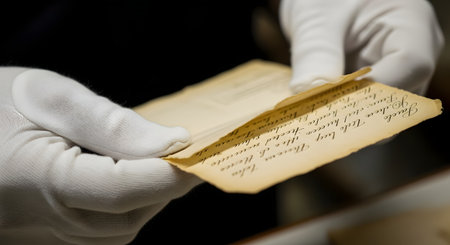 An archivist, historian, or researcher wearing white cotton gloves carefully handles a fragile, handwritten historical letter. This act represents the preservation of artifacts, historical research, and the delicate nature of antique documents.の素材
